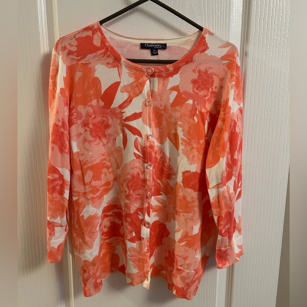 Chadwicks Women's Button Down Shirt - Orange and Pink Floral